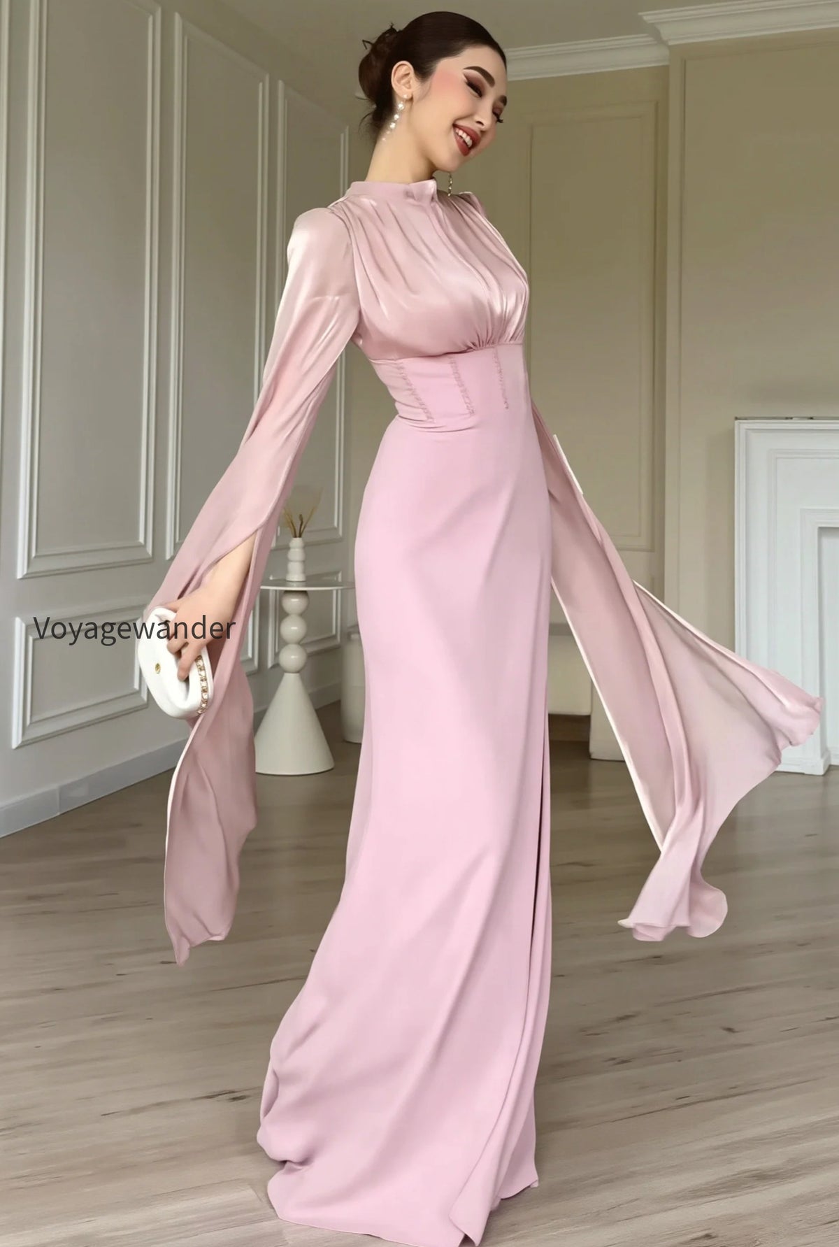 glossy-flowy-sleeve-slim-maxi-dress