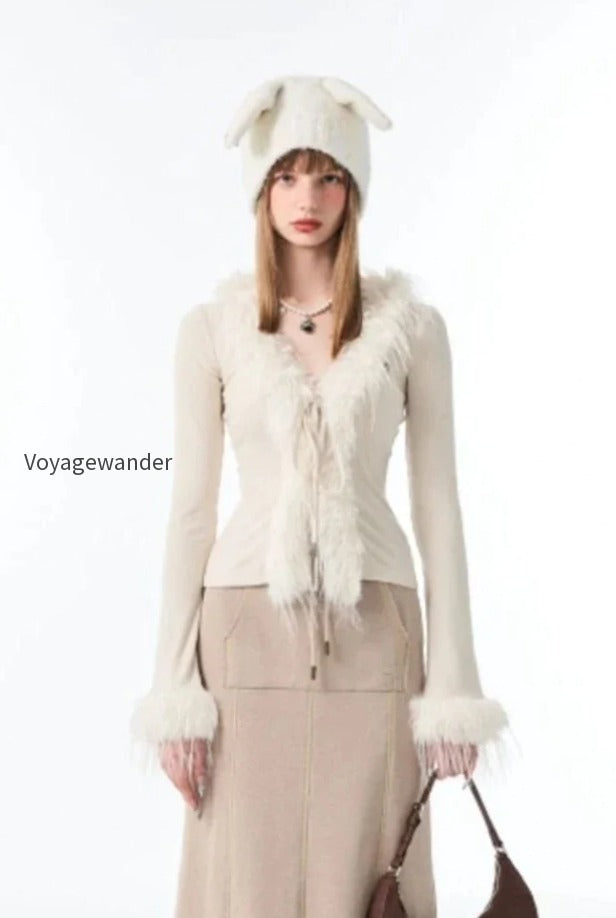 db-lace-up-v-neck-plush-cardigan