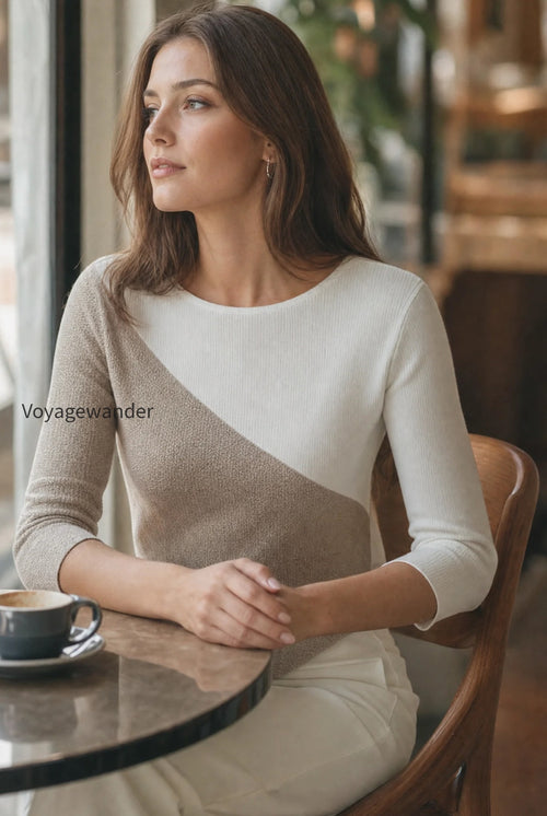 asymmetric-color-block-3-4-sleeve-knit-top