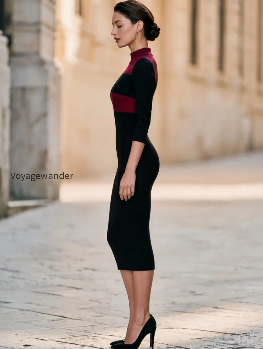 color-block-mock-neck-ribbed-knit-midi-dress