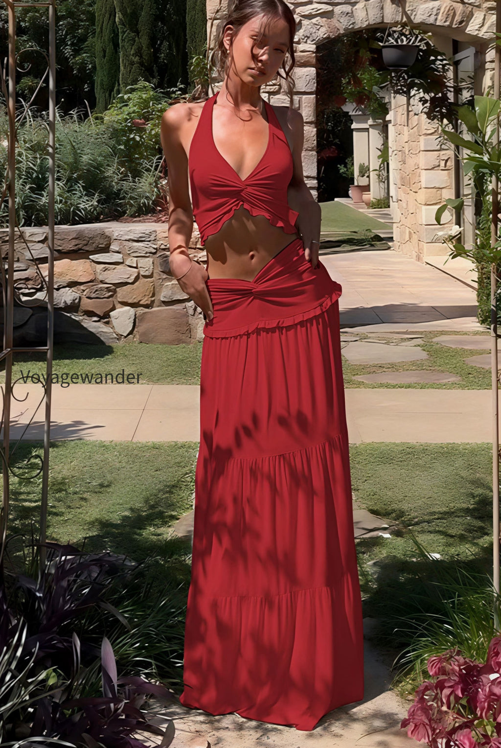 sexy-pleated-halter-top-ruffle-maxi-skirt-set