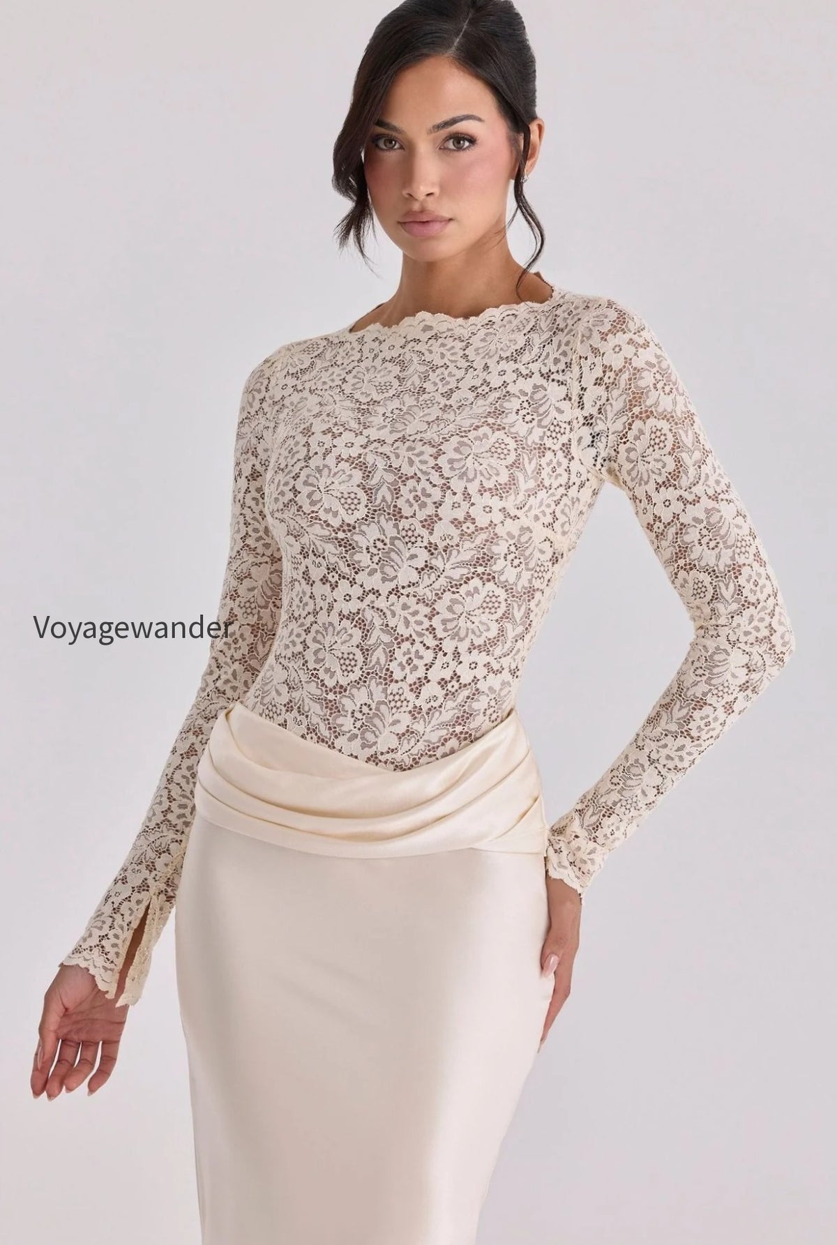 sheer-lace-panel-ruched-satin-mermaid-maxi-lace-dress