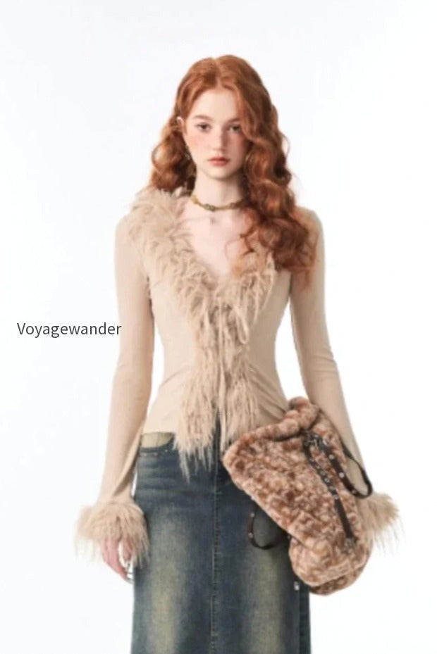 db-lace-up-v-neck-plush-cardigan