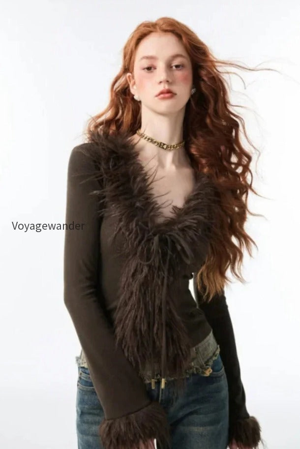 db-lace-up-v-neck-plush-cardigan
