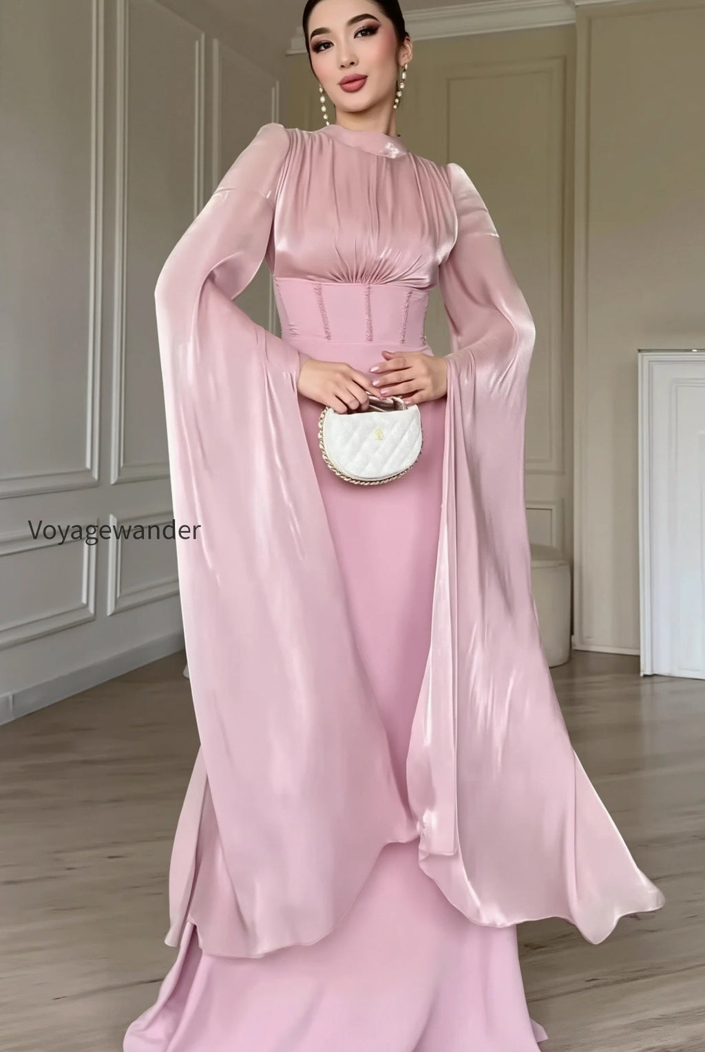 glossy-flowy-sleeve-slim-maxi-dress