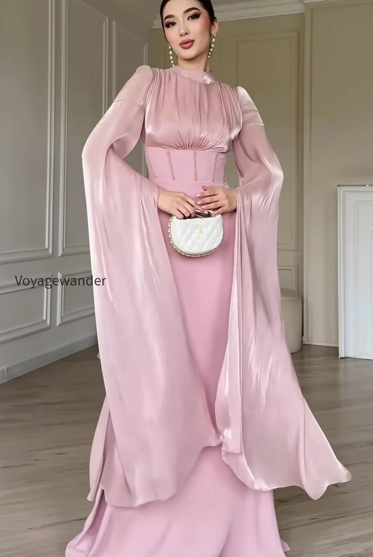 glossy-flowy-sleeve-slim-maxi-dress