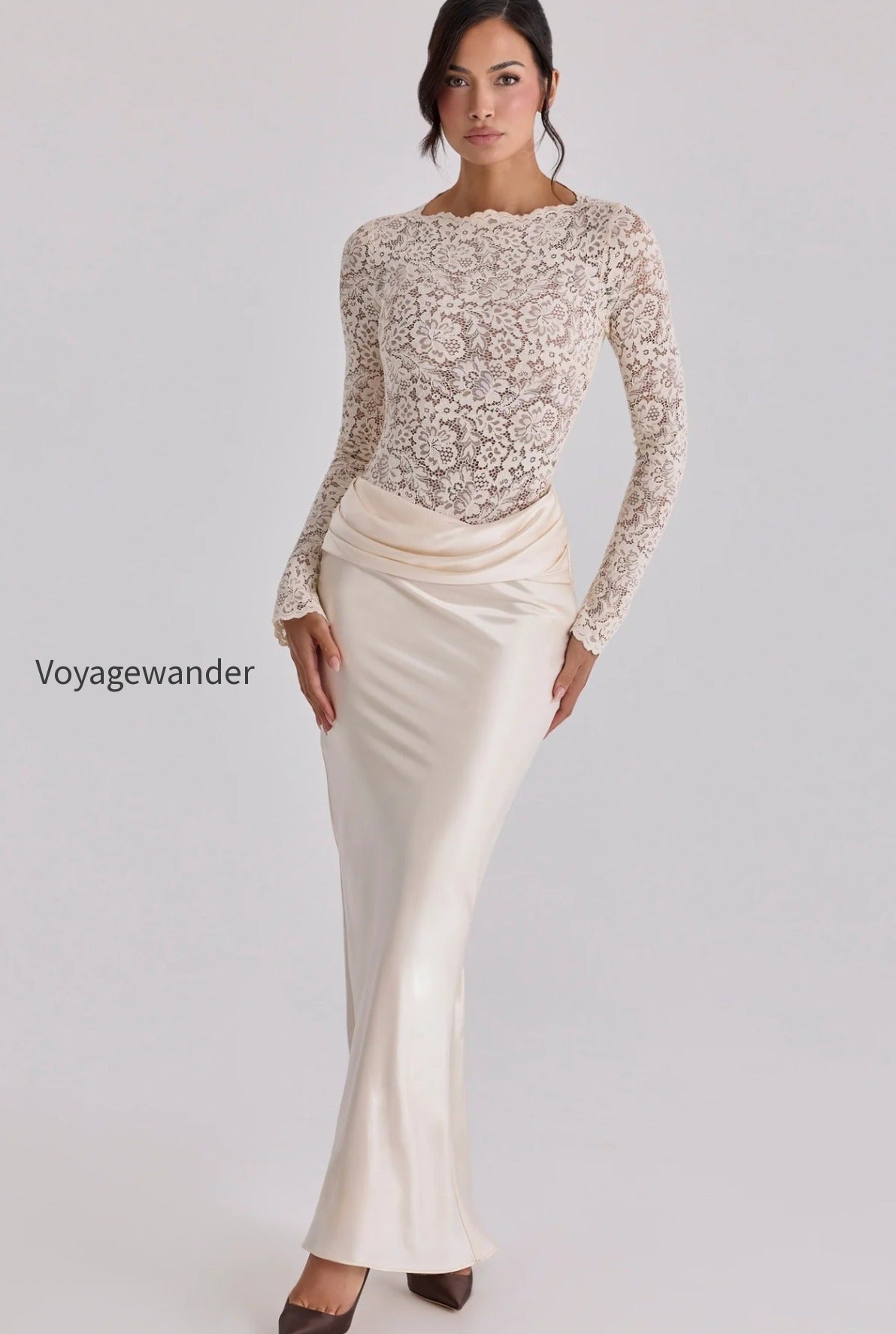 sheer-lace-panel-ruched-satin-mermaid-maxi-lace-dress