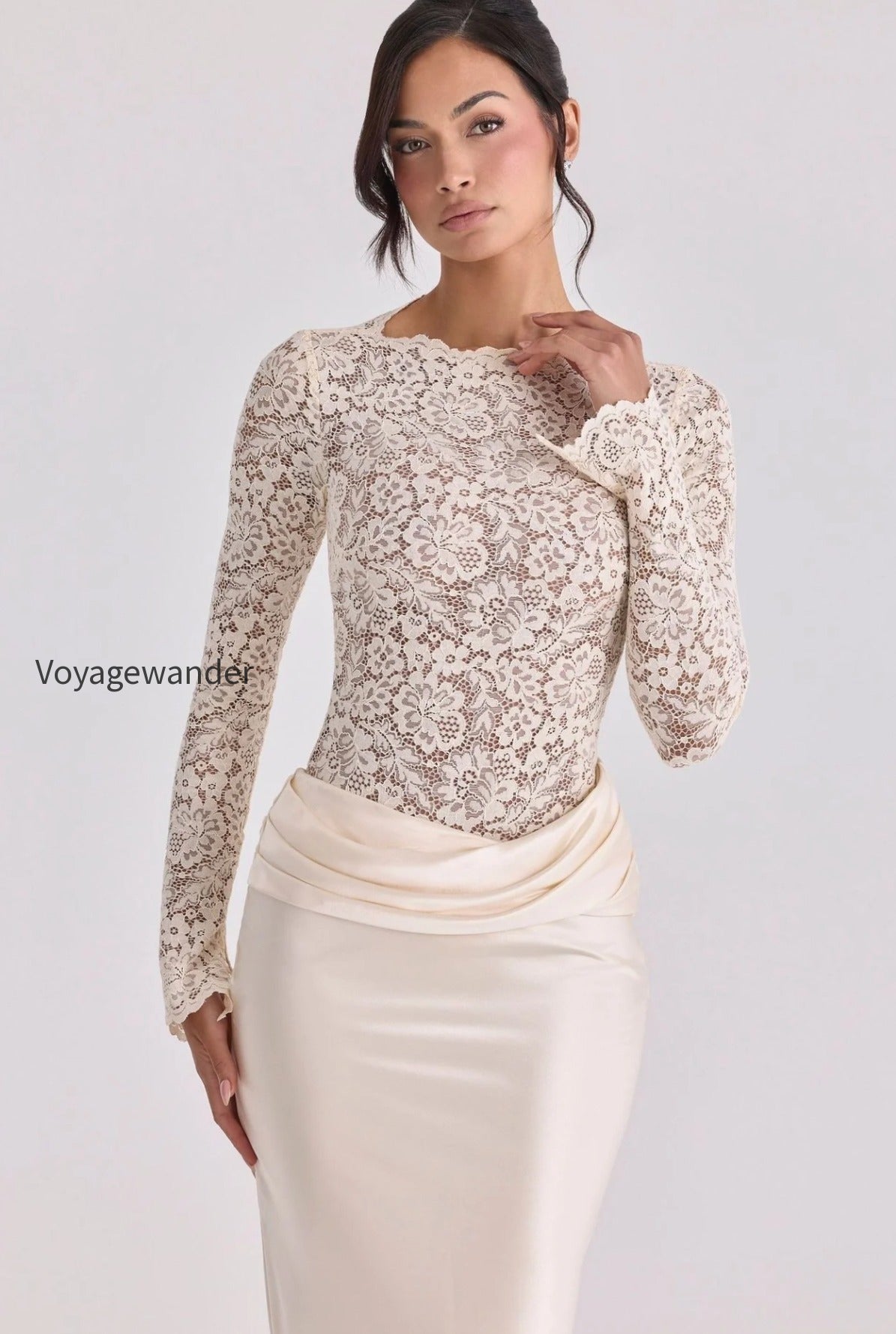 sheer-lace-panel-ruched-satin-mermaid-maxi-lace-dress