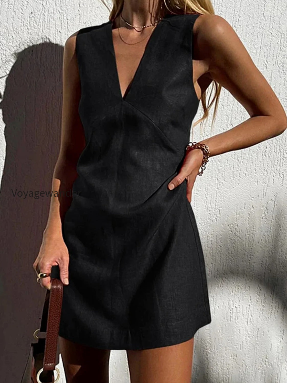 cotton-linen-v-neck-short-dress