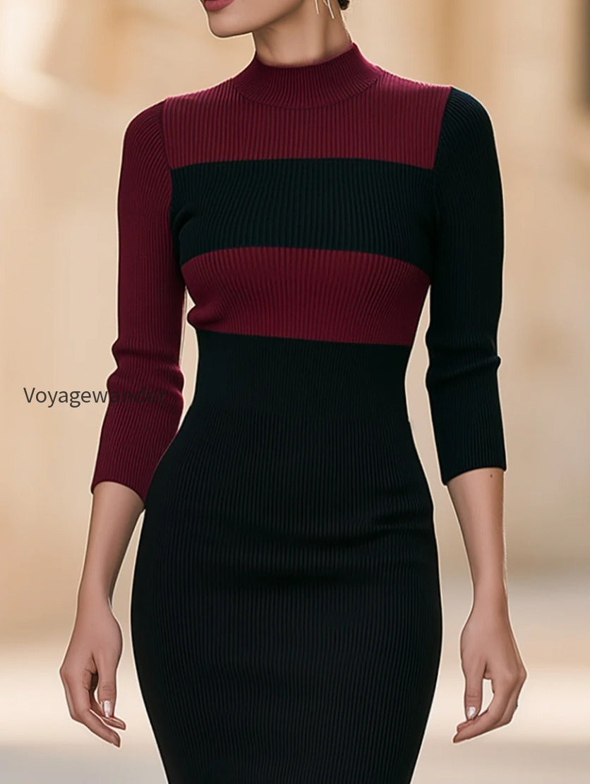 color-block-mock-neck-ribbed-knit-midi-dress