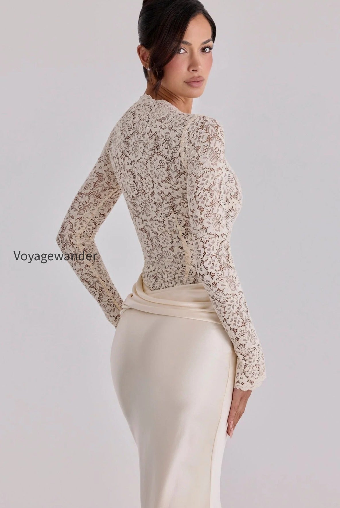 sheer-lace-panel-ruched-satin-mermaid-maxi-lace-dress