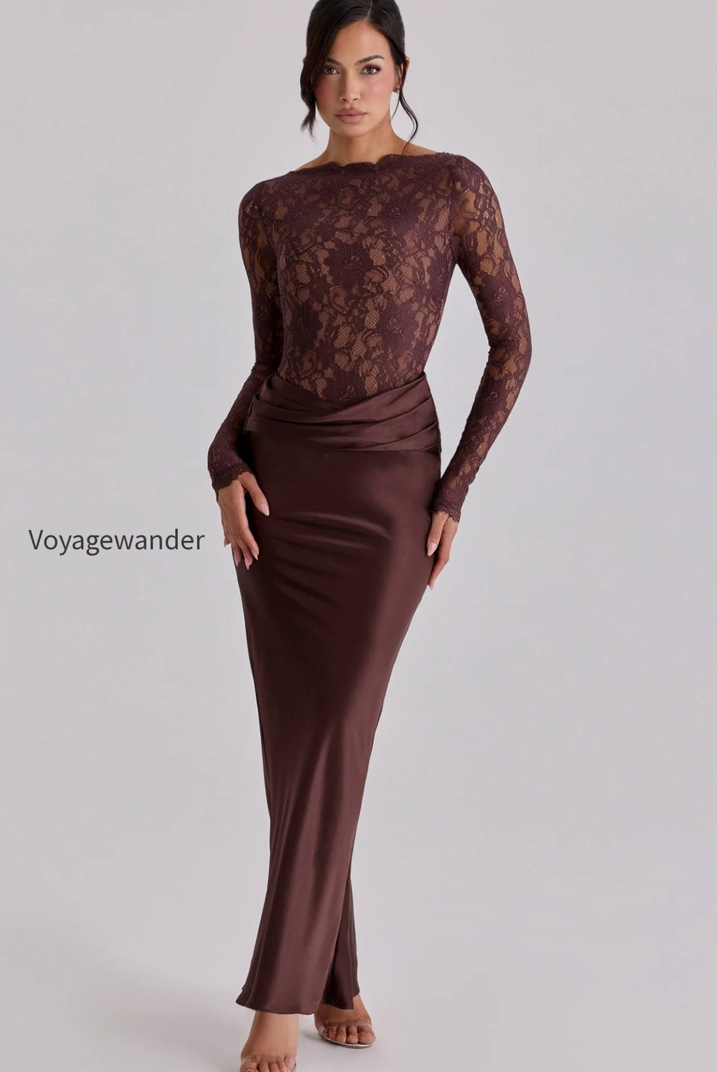 sheer-lace-panel-ruched-satin-mermaid-maxi-lace-dress