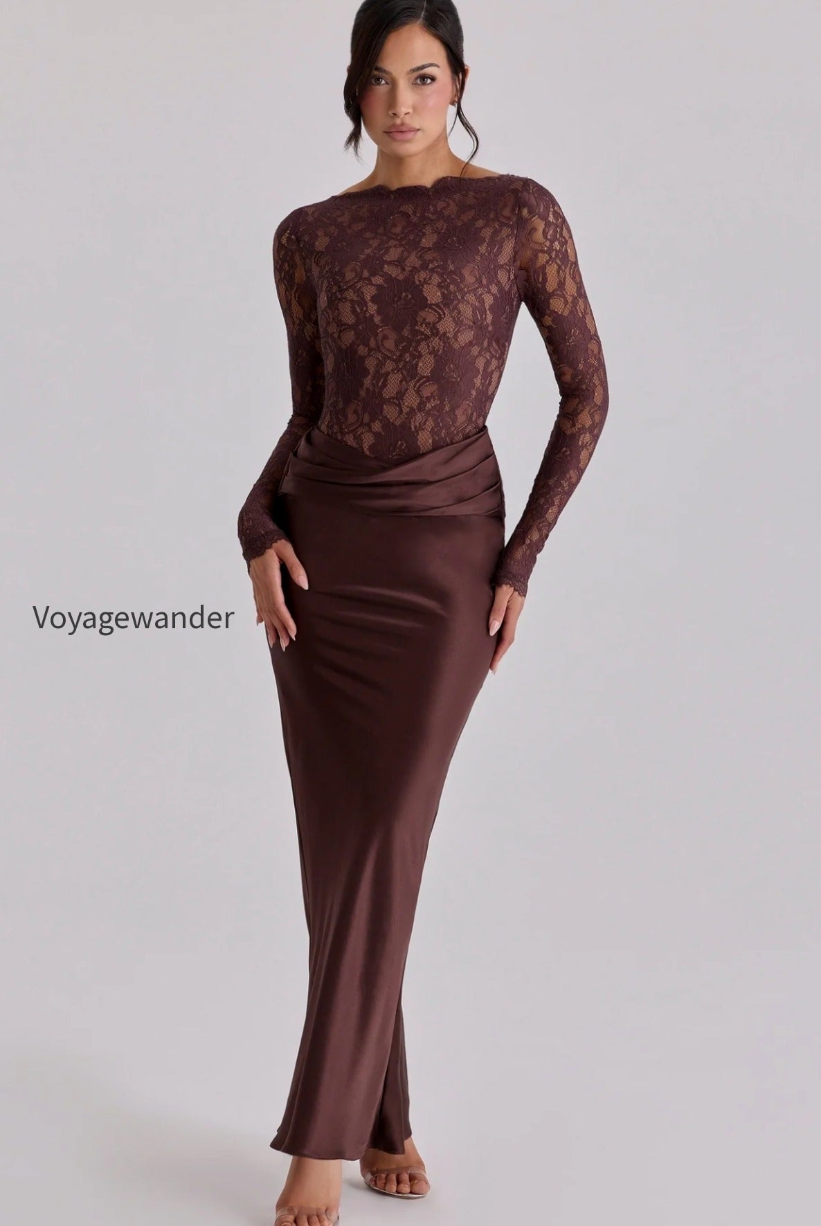 sheer-lace-panel-ruched-satin-mermaid-maxi-lace-dress