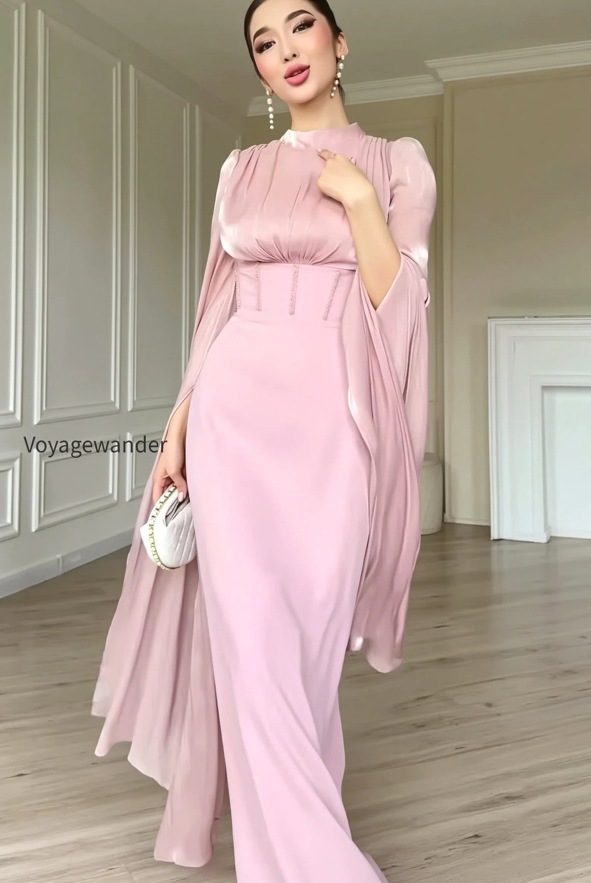 glossy-flowy-sleeve-slim-maxi-dress