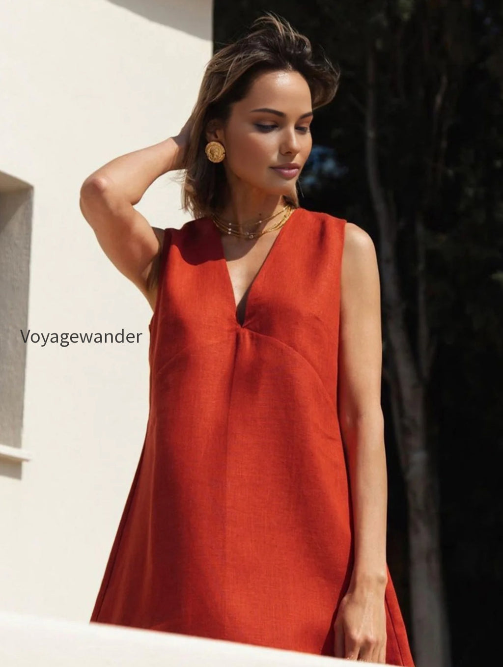 cotton-linen-v-neck-short-dress