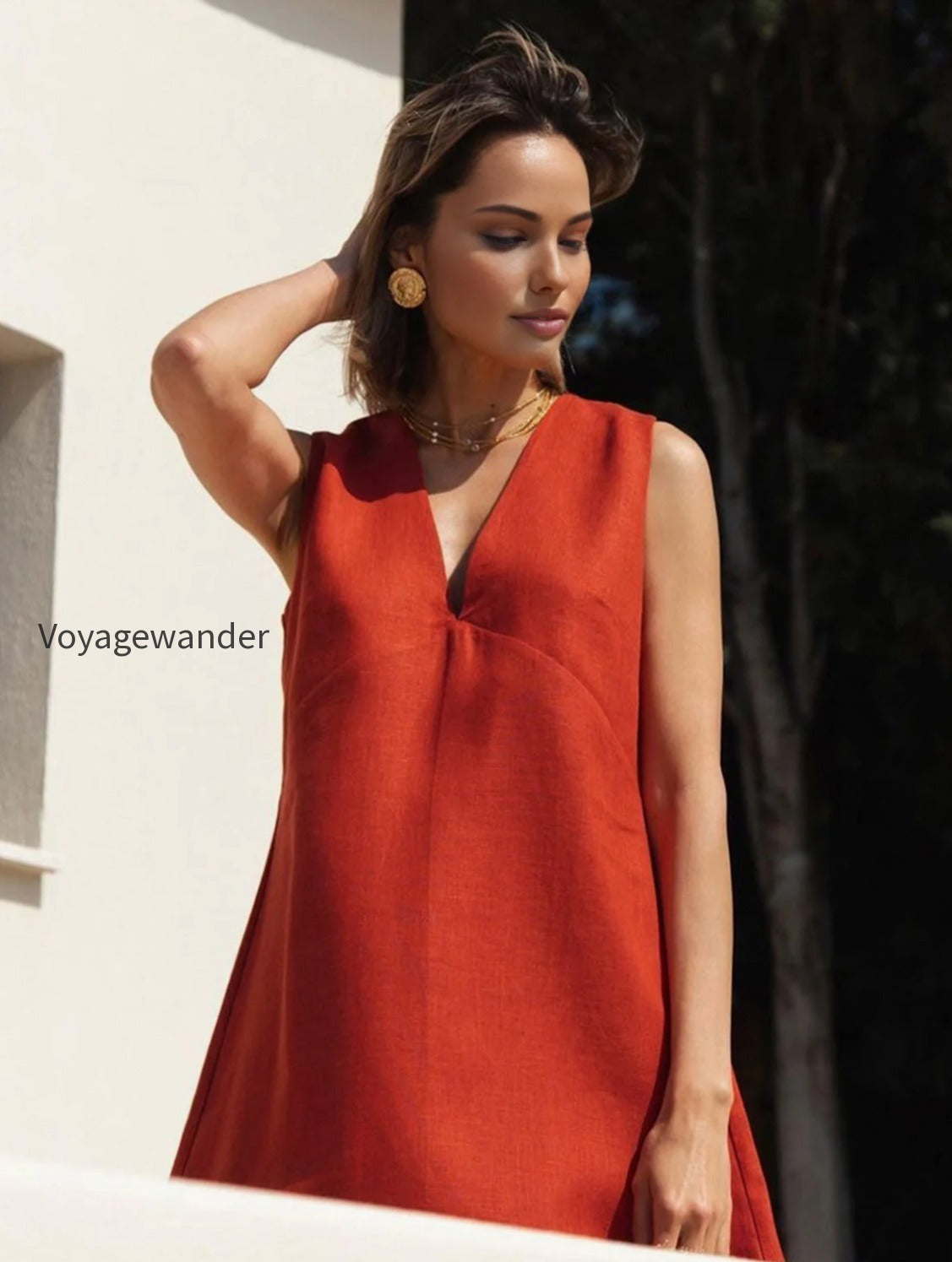 cotton-linen-v-neck-short-dress