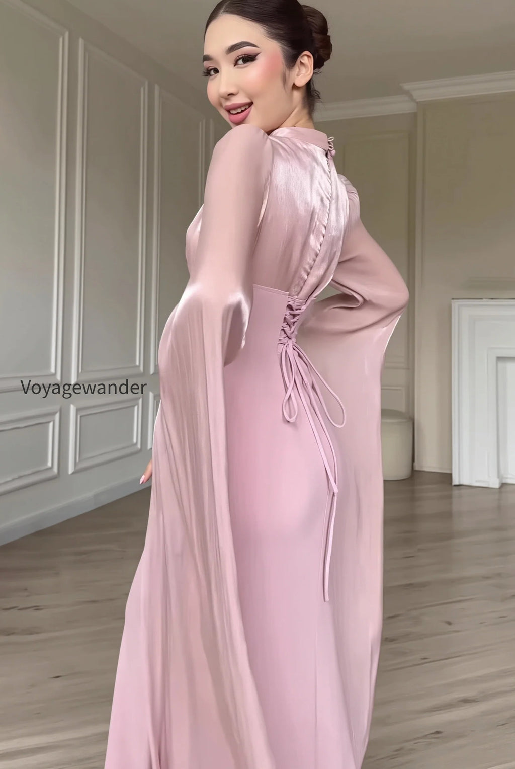 glossy-flowy-sleeve-slim-maxi-dress